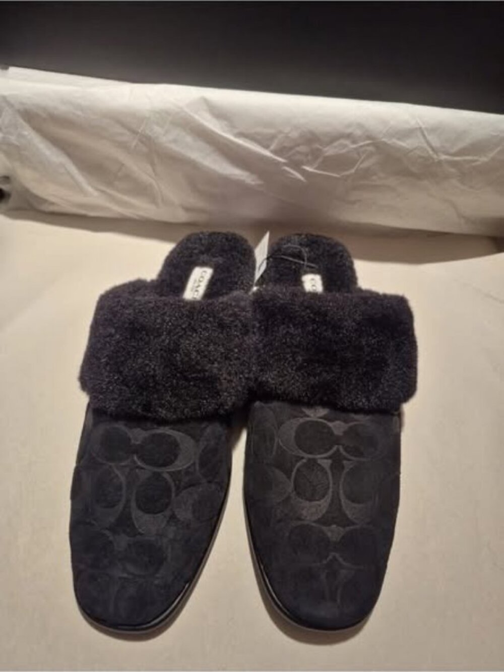 Coach Sherpa Flat Mule Slippers Womens US 9 Black Signature New